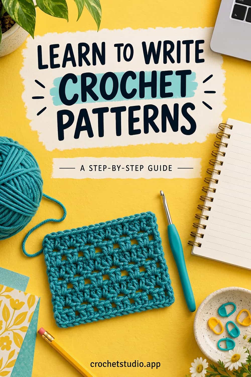 A flat lay of a Learn to Write Crochet Patterns book cover, yarn, crochet hook, blue crochet swatch, notebook, pen, and decorative items—an inspiring crochet guide for new designers on a yellow background.