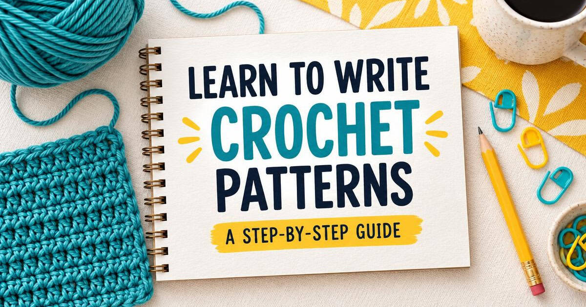 A notebook titled Learn to Write Crochet Patterns: A Step-by-Step Guide sits on a table with a blue crochet square, pencil, coffee cup, colorful clips, and your ultimate crochet pattern guide.
