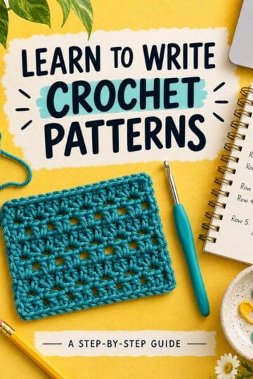 Yellow background with text: Learn to write a crochet pattern. A teal crochet swatch, hook, yarn, notebook with notes, laptop, and accessories surround the text—a guide for new designers.