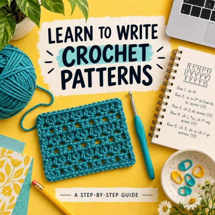 Yellow background with text: Learn to write a crochet pattern. A teal crochet swatch, hook, yarn, notebook with notes, laptop, and accessories surround the text-a guide for new designers.