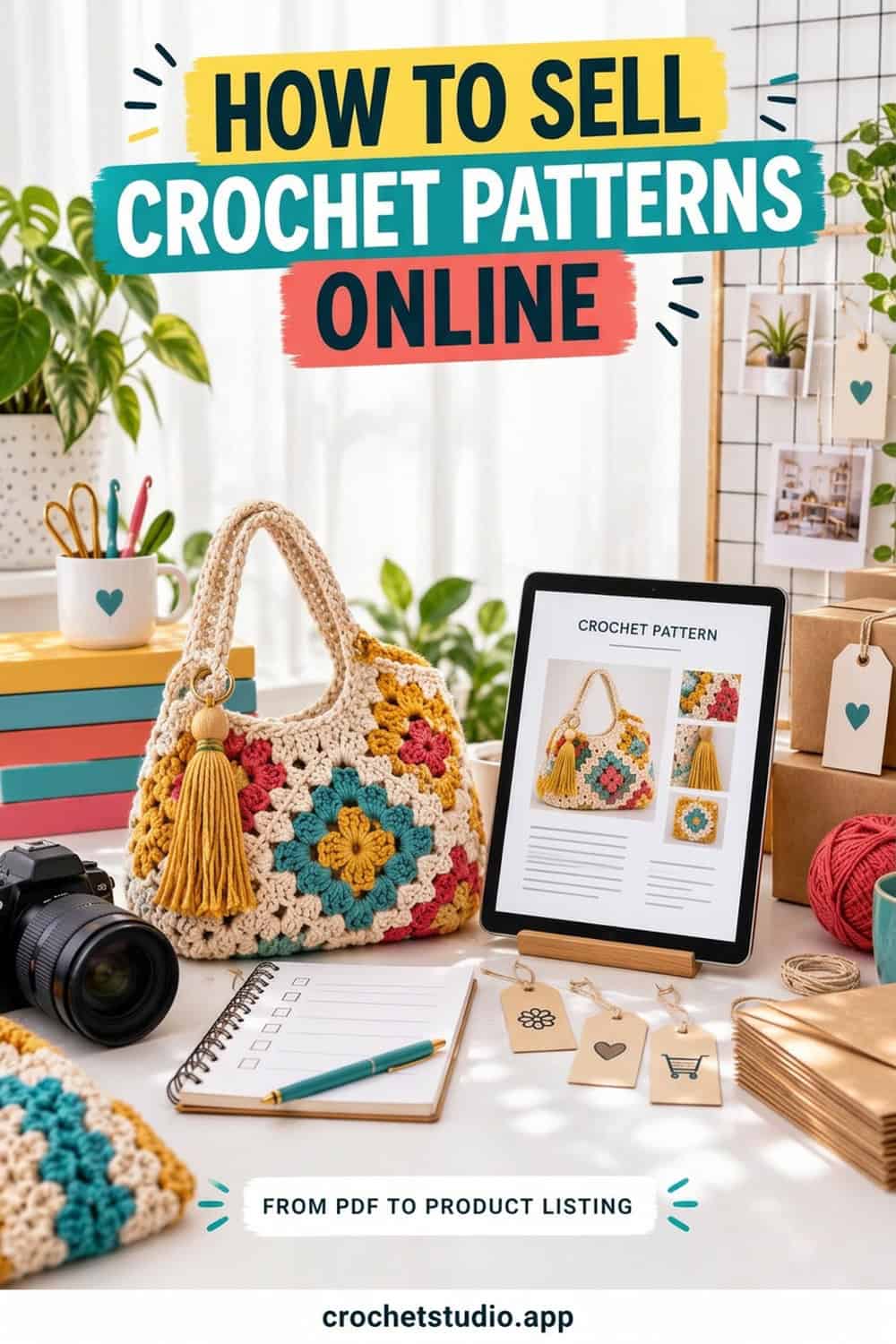 A colorful crochet bag and related items sit on a desk with a camera, laptop, tablet showing how to sell crochet patterns online, stationery, and plants. Text reads: How to sell crochet patterns online.