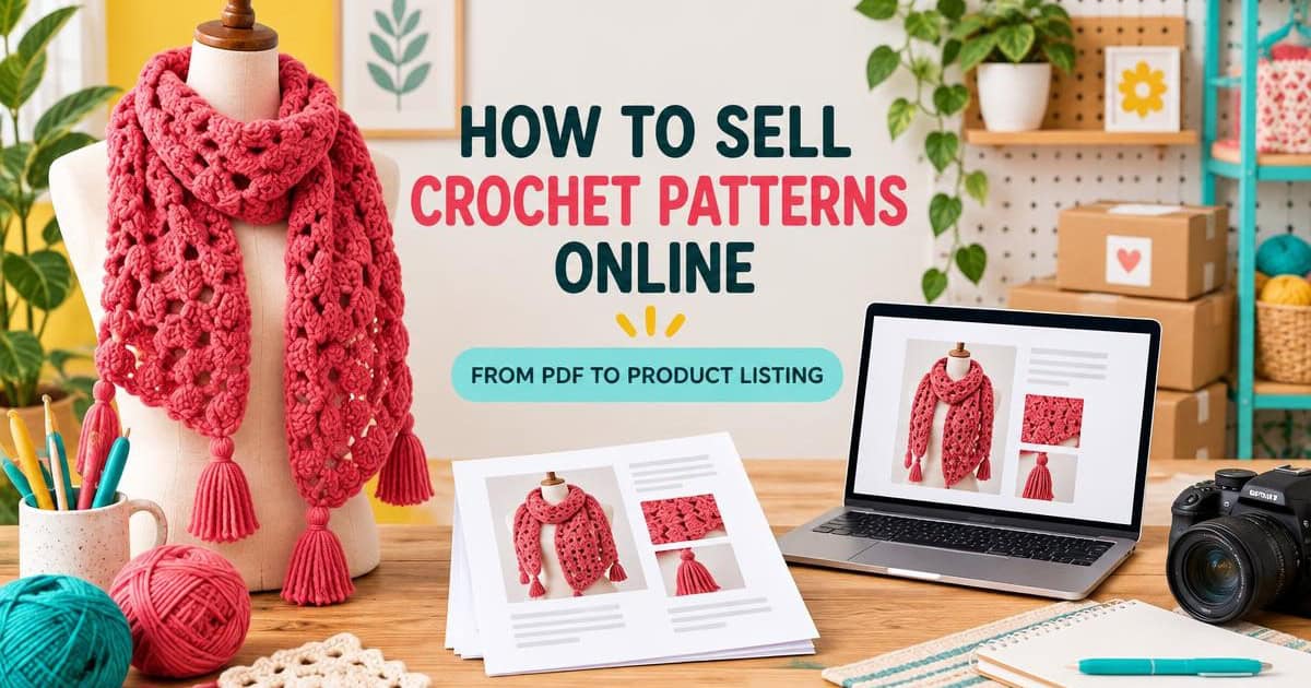 A crochet scarf on a mannequin, papers and a laptop showing the same scarf, with text: How to sell crochet patterns online. From PDF to crochet pattern listing. Craft tools and yarn brighten a colorful workspace.