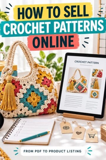 Desk with crochet bag, digital crochet pattern on tablet, camera, yarn, notebook, coffee, and business icons. Bold text reads: How to Sell Crochet Patterns Online. Creative workspace for selling crochet patterns online.