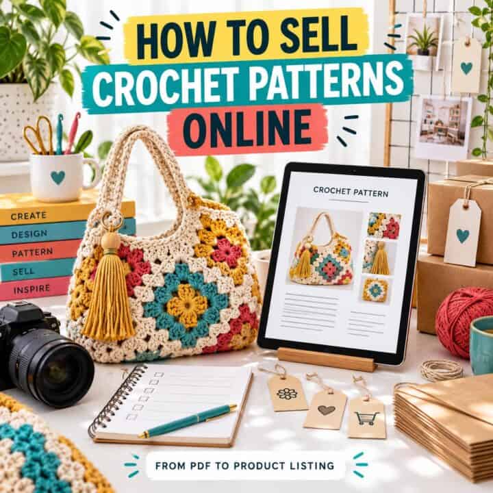 Desk with crochet bag, digital crochet pattern on tablet, camera, yarn, notebook, coffee, and business icons. Bold text reads: How to Sell Crochet Patterns Online. Creative workspace for selling crochet patterns online.